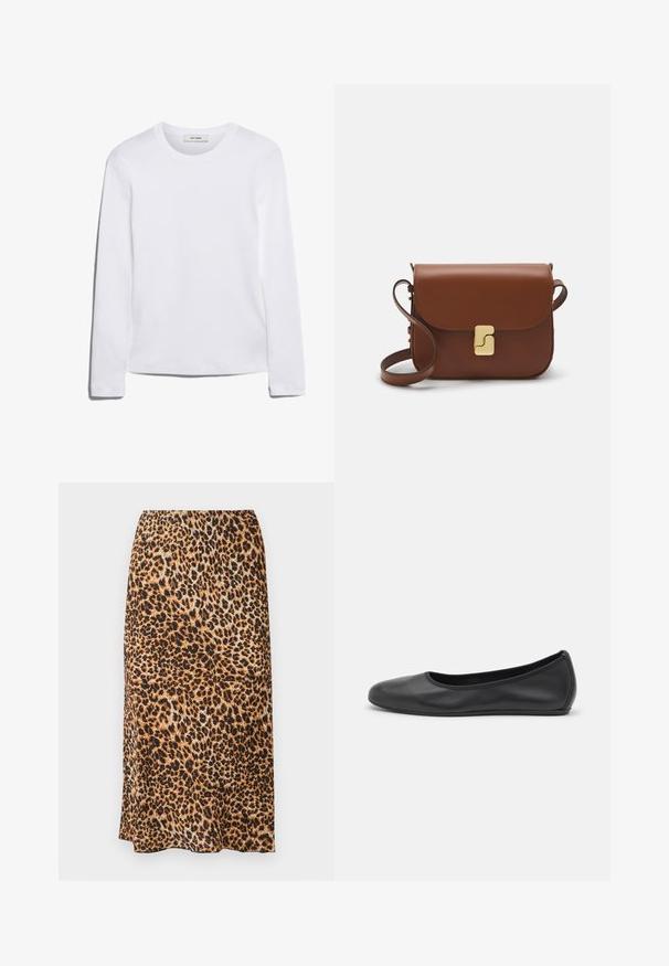 Λευκό μακρυμάνικο μπλουζάκι από ριπ βαμβάκι, με στρογγυλή λαιμόκοψη και ίσια φάσα. Απλός σχεδιασμός χωρίς σχέδια ή επιπλέον στοιχεία.; Μίντι φούστα με λεοπάρ μοτίβο σε αποχρώσεις καφέ και μαύρου, διαθέτοντας λεία υφή και κομψή, προσαρμοσμένη σιλουέτα.; Μαύρο δερμάτινο μπαλαρίνι με στρογγυλή μύτη, λεία υφή, ελάχιστες λεπτομέρειες ραφής και σχεδίαση ευέλικτης σόλας.; Καφέ δερμάτινη τσάντα χειρός με κλείσιμο καπάκι, χρυσές λεπτομέρειες, ιμάντα ώμου και λεία υφή. Συμπαγές ορθογώνιο σχήμα.