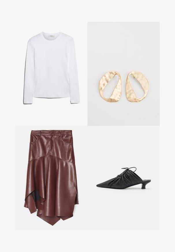 Pikkade varrukatega valge T-särk, mis on valmistatud ribakujulisest puuvillast, ümmarguse kaeluse ja sirge hemiga. Lihtne disain ilma mustrite või aktsentideta.; Pruun kunstnahast seelik, millel on sirge, asümmeetriline alläär, kahe esikoti ja siledat, läikivat tekstuuri.; Mustad nahast libisemisega mullingud terava varbaga, volditud tekstuuriga ja väikese kitinõelaga. Omab tõmbluku detaili avas.; Eba paar eba ebaorditud ovaalkujulisi kuldehhe kaal setertu, kerge keersuju pinnaga valgel taustal.