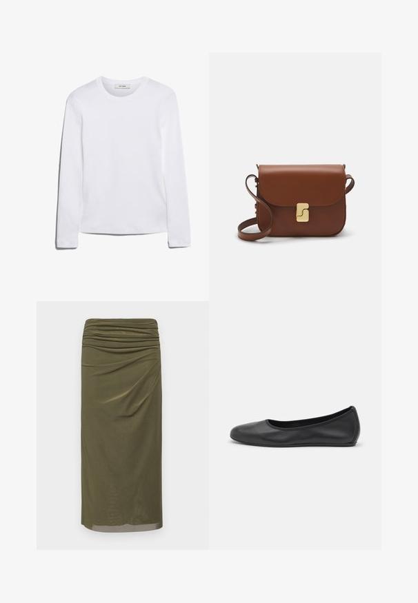 Long-sleeve white T-shirt made of ribbed cotton, featuring a round neckline and a straight hem. Simple design with no patterns or accents.; Olive green midi skirt made from smooth fabric, featuring gathered detailing at the waist and a straight silhouette with a subtle sheen.; Black leather ballet flat with a rounded toe, smooth texture, minimal stitching detail, and a flexible sole design.; Brown leather handbag with a flap closure, gold-tone hardware, a shoulder strap, and a smooth texture. Compact rectangular shape.