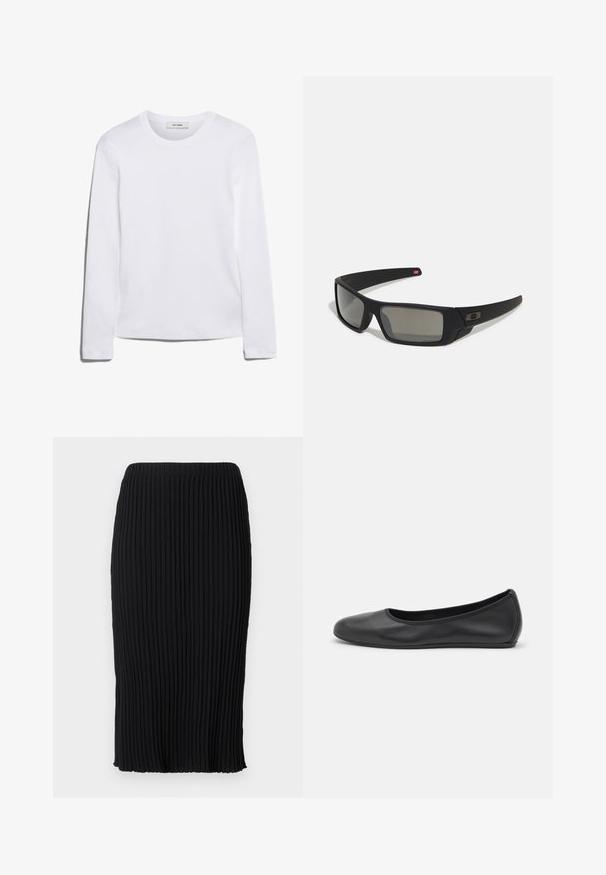 Langärmliges weißes T-Shirt aus geripptem Baumwollstoff, mit rundem Ausschnitt und geradem Saum. Einfaches Design ohne Muster oder Akzente.; Schwarzer Midirock mit vertikalen Falten, elastischem Bund und seitlicher Schlitze. Hergestellt aus einem dehnbaren Stoff, mit glatter Textur und figurbetontem Schnitt.; Schwarze Leder-Ballettschuhe mit abgerundeter Spitze, glatter Textur, minimalen Nähdetails und einem flexiblen Sohlen-Design.; Schwarze Sonnenbrille mit matter Oberfläche, rechteckigen Gläsern, leichtem Bogen an den Schläfen, dezentem Logo-Detail und rauchgetönten Gläsern.
