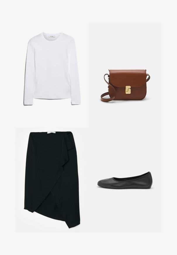 Hosszú ujjú fehér póló bordázott pamutból, kerek nyakkivágással és egyenes szegéllyel. Egyszerű dizájn, minta vagy díszítések nélkül.; Fekete, vékony anyagú bugyogó szoknya, finom textúrával. Aszimmetrikus alj és oldalsó redő részlet. Nincs látható fém alkatrész vagy díszítés.; Fekete bőr balettcipő lekerekített orral, sima tekstúrával, minimális varrással és rugalmas talp kialakítással.; Barna bőr kézitáska, hajtókás zárással, arany színű fém kiegészítőkkel, vállpánttal és sima felülettel. Kompakt téglalap alakú.