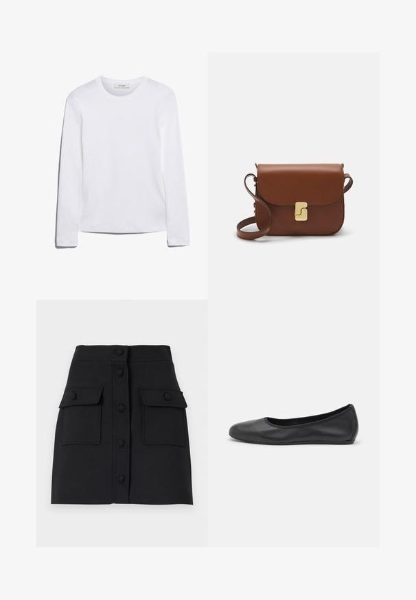 Bílé tričko s dlouhým rukávem vyrobené z žebrované bavlny, s kulatým výstřihem a rovnými lemy. Jednoduchý design bez vzorů nebo akcentů.; Černá mini sukně vyrobená z texturované tkaniny, která má přední zapínání na knoflíky, dvě kapsy na klopu a přiléhavý střih.; Černé kožené baletní byty s kulatou špičkou, hladkou texturou, minimálními švy a flexibilním designem podrážky.; Hnědá kožená kabelka s klopou, zlatými kovovými detaily, ramenním popruhem a hladkým povrchem. Kompaktní obdélníkový tvar.