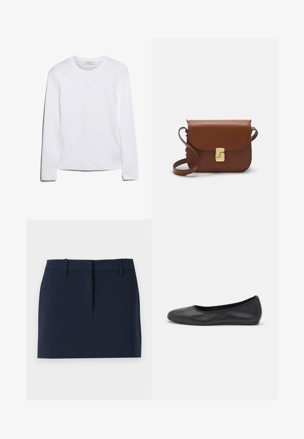 Dugi rukav bijela majica od rebrastog pamuka, s okruglim izrezom i ravnim rubom. Jednostavan dizajn bez uzoraka ili naglasaka.; Mornarički plavi suknja od glatkog materijala, s pojasom, prednjim otvorom i čiste linije bez džepova ili ukrasa.; Crne kožne baletanke s zaobljenim vrhom, glatke teksture, minimalnim detaljima šavova i fleksibilnim dizajnom potplata.; Smeđa kožna torba s preklopom, zlatnim detaljima, remenom za nošenje preko ramena i glatkom teksturom. Kompaktni pravokutni oblik.