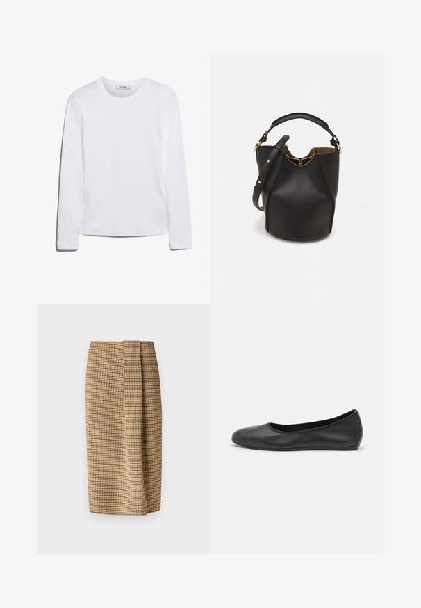 Langärmliges weißes T-Shirt aus geripptem Baumwollstoff, mit rundem Ausschnitt und geradem Saum. Einfaches Design ohne Muster oder Akzente.; Weekend Max Mara DEBORAH - Bleistiftrock - cammello; Schwarze Leder-Ballettschuhe mit abgerundeter Spitze, glatter Textur, minimalen Nähdetails und einem flexiblen Sohlen-Design.; Schwarze Leder-Eimerhandtasche mit strukturierter Oberfläche, goldenen Hardware-Akzenten und offenem Design. Verfügt über einen kurzen Griff und einen verstellbaren Schultergurt.