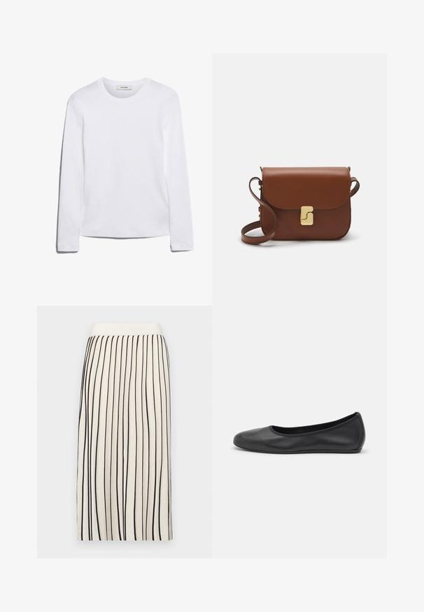 Long-sleeve white T-shirt made of ribbed cotton, featuring a round neckline and a straight hem. Simple design with no patterns or accents.; Cream-colored skirt with vertical black stripes, featuring a straight design and elastic waistband. Smooth texture, knee-length cut.; Black leather ballet flat with a rounded toe, smooth texture, minimal stitching detail, and a flexible sole design.; Brown leather handbag with a flap closure, gold-tone hardware, a shoulder strap, and a smooth texture. Compact rectangular shape.