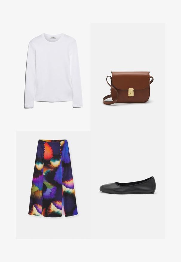 Hosszú ujjú fehér póló bordázott pamutból, kerek nyakkivágással és egyenes szegéllyel. Egyszerű dizájn, minta vagy díszítések nélkül.; PS Paul Smith WOMENS SKIRT - Ceruzaszoknya - multicolored; Fekete bőr balettcipő lekerekített orral, sima tekstúrával, minimális varrással és rugalmas talp kialakítással.; Barna bőr kézitáska, hajtókás zárással, arany színű fém kiegészítőkkel, vállpánttal és sima felülettel. Kompakt téglalap alakú.