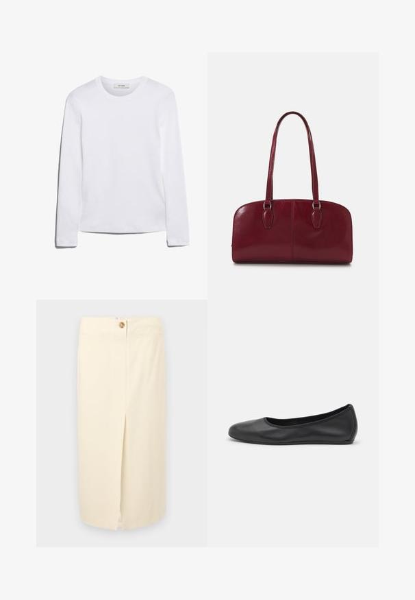 Dlhý rukáv biely tričko vyrobené z rebrovanej bavlny, s okrúhlym výstrihom a rovnými okrajmi. Jednoduchý dizajn bez vzorov alebo akcentov.; Krémová midi sukňa s predným rozparkom, zipsom a detailom s jedným gombíkom. Vyrobená z hladkej látky s minimálnymi švovými akcentmi.; Čierne kožené baleríny s okrúhlou špičkou, hladkým povrchom, minimálnym prešívaním a flexibilným dizajnom podrážky.; Zign LEATHER - Kabelka - dark red