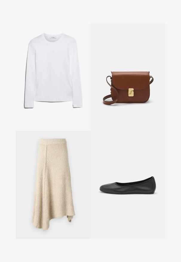 Biała koszulka z długim rękawem wykonana z prążkowanej bawełny, z okrągłym dekoltem i prostym dołem. Prosty design bez wzorów i akcentów.; Beżowa spódnica o fakturze z falbaniastym dołem, z wysokim stanem i asymetrycznym krojem, wykonana z miękkiego dzianinowego materiału.; Czarne skórzane baletki z zaokrąglonym noskiem, gładką fakturą, minimalnymi przeszyciami i elastycznym designem podeszwy.; Brązowa skórzana torebka na ramię z klapką, złotymi detalami, paskiem na ramię i gładką teksturą. Kompaktowy prostokątny kształt.