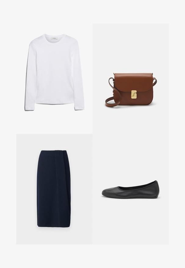 Hosszú ujjú fehér póló bordázott pamutból, kerek nyakkivágással és egyenes szegéllyel. Egyszerű dizájn, minta vagy díszítések nélkül.; Sötét tengerészkék ceruzaszoknya sima textúrával, oldalsó redő részlet jellemzi. Puha anyagból készült, egyenes fazonú és térd alá érő szabású.; Fekete bőr balettcipő lekerekített orral, sima tekstúrával, minimális varrással és rugalmas talp kialakítással.; Barna bőr kézitáska, hajtókás zárással, arany színű fém kiegészítőkkel, vállpánttal és sima felülettel. Kompakt téglalap alakú.