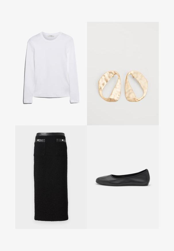 Wit T-shirt met lange mouwen, gemaakt van ribgebreide katoen, met een ronde halslijn en een rechte zoom. Eenvoudig ontwerp zonder patronen of accenten.; Zwarte kokerrok gemaakt van textuurstof, met een gladde zwarte tailleband, twee achterzakken met zilverkleurige hardwareaccenten.; Zwarte leren ballerina met een ronde neus, gladde textuur, minimale stikdetails en een flexibele zoolontwerp.; Een paar onregelmatig ovale, gouden metalen oorbellen met een gestructureerd, lichtgehamerd oppervlak op een witte achtergrond.