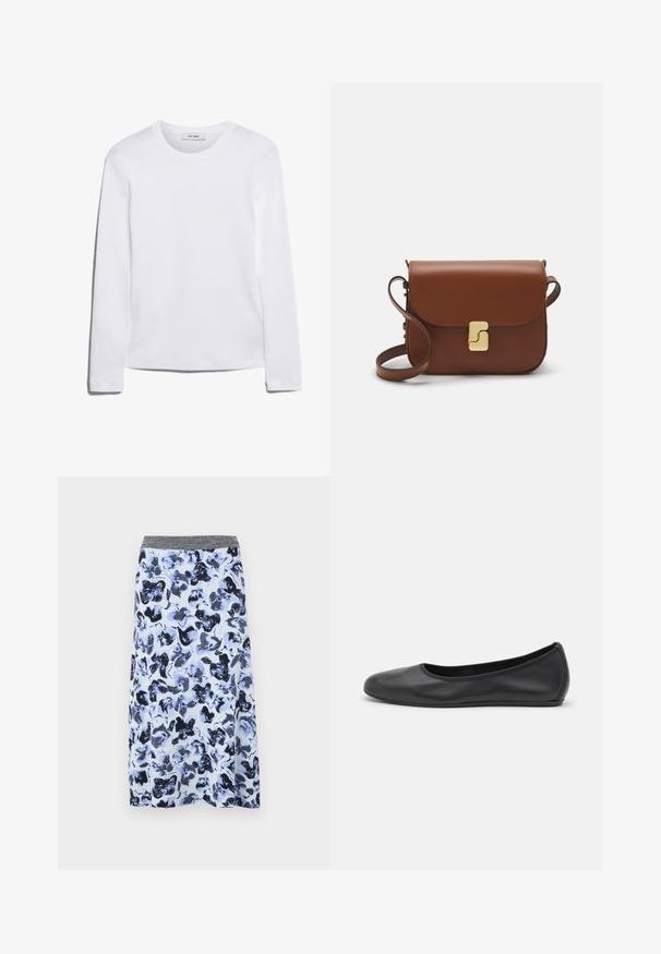 Bieza piedurkņu balta T-krekls, izgatavots no ribota kokvilnas, ar apaļu kakla izgriezumu un taisnu apakšmalu. Vienkāršs dizains bez rakstiem vai akcentiem.; Zila un balta ziedu raksta svārki ar vieglu audumu, pelēku jostu un plūstošu A formas siluetu. Iekļauj abstraktus, tumšus ziedu rakstus.; Melna ādas baleta kurpe ar noapaļotu purngalu, gludu tekstūru, minimālu šuvju detalizāciju un elastīgu zoles dizainu.; Bordo ādas rokas soma ar atloku, zeltītām detaļām, plecu siksnu un gludu virsmu. Kompakta, taisnstūrveida forma.