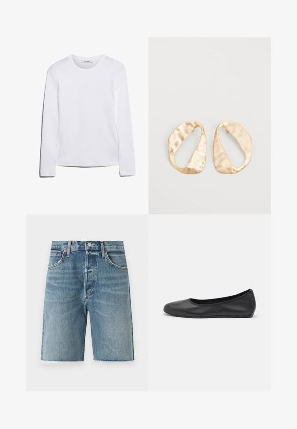 Långärmad vit T-shirt i ribbad bomull, med rund halsringning och rak kant. Enkelt mönster utan mönster eller detaljer.; Ljusblå denimshorts med fransad fåll, femfickdesign, framknäppning och synliga sömnadsdetaljer.; Svart läderballerinaskor med rund tå, slät yta, minimala söm detaljer och en flexibel sula.; Ett par oregelbundna ovalformade örhängen i guldtonad metall med en strukturerad, något hamrad yta på en vit bakgrund.