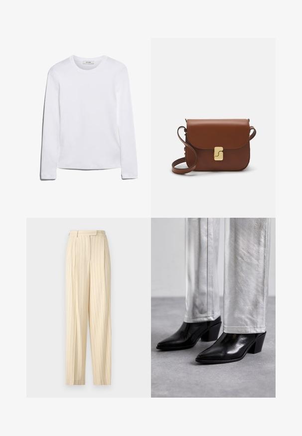 Pikkade varrukatega valge T-särk, mis on valmistatud ribakujulisest puuvillast, ümmarguse kaeluse ja sirge hemiga. Lihtne disain ilma mustrite või aktsentideta.; Beige pinstripe püksid kõrge vöökohaga, millel on voldid ja sirge jala disain. Valmistatud siledast kangast, millel on kohandatud viimistlus.; Must musta ankle boots, mille musta ja terava nina ning plokkjala, kombineeritud läikivate hõbedaste pükstega, esitades sujuvaid tekstuure ja kontrastseid värve.; Pruunist nahast käekott, millel on klapiga sulgur, kuldne riistvara, õlarihm ja sile tekstuur. Kompaktne ristkülikukujuline vorm.
