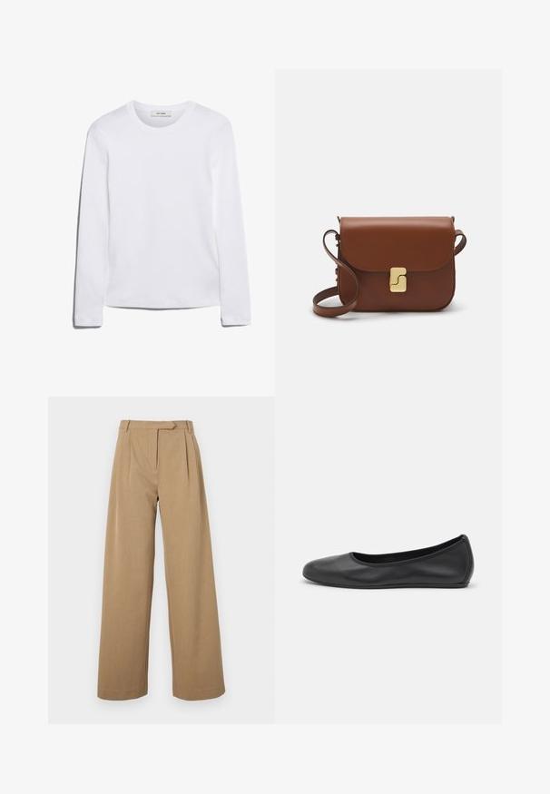 Biała koszulka z długim rękawem wykonana z prążkowanej bawełny, z okrągłym dekoltem i prostym dołem. Prosty design bez wzorów i akcentów.; Spodnie o szerokich nogawkach w jasnobrązowym kolorze, wykonane z teksturowanej tkaniny. Posiadają fałdy z przodu i dopasowaną talię. Prosty design bez widocznych elementów metalowych.; Czarne skórzane baletki z zaokrąglonym noskiem, gładką fakturą, minimalnymi przeszyciami i elastycznym designem podeszwy.; Brązowa skórzana torebka na ramię z klapką, złotymi detalami, paskiem na ramię i gładką teksturą. Kompaktowy prostokątny kształt.