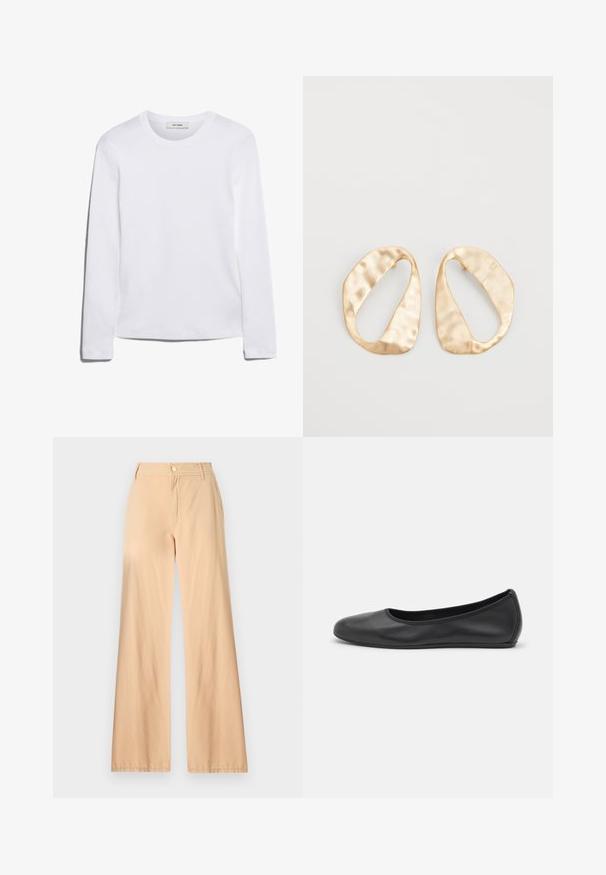 Dugi rukav bijela majica od rebrastog pamuka, s okruglim izrezom i ravnim rubom. Jednostavan dizajn bez uzoraka ili naglasaka.; Bež hlače širokih nogavica od pamuka, s prednjim zatvaračem, gumbom za zatvaranje i dva bočna džepa s glatkom teksturom.; Crne kožne baletanke s zaobljenim vrhom, glatke teksture, minimalnim detaljima šavova i fleksibilnim dizajnom potplata.; Par zlatnih metalnih naušnica nepravilnog ovalnog oblika s teksturiranom, blago kovanom površinom na bijeloj pozadini.