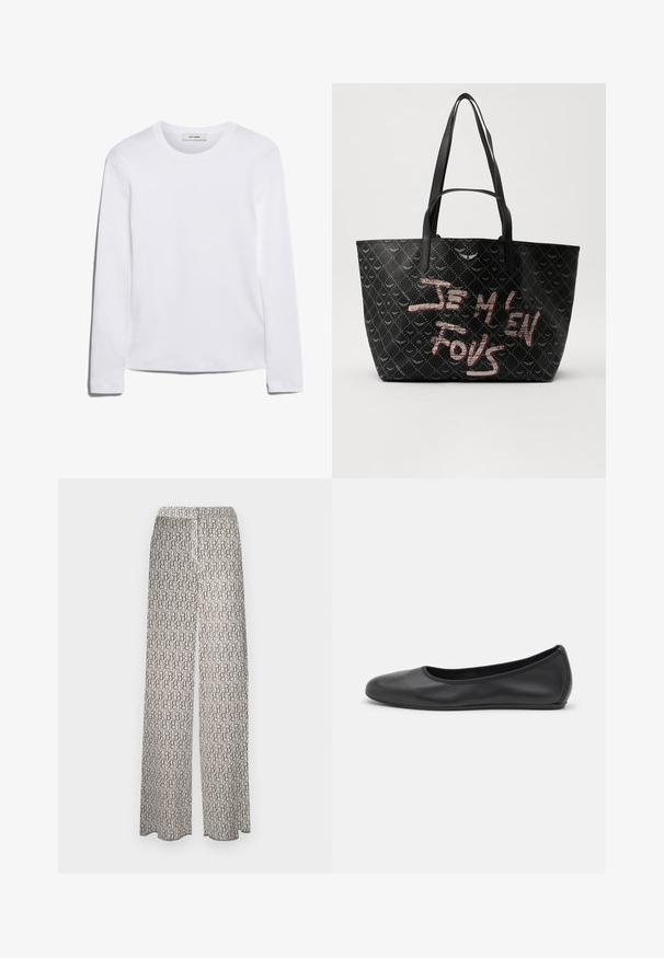 Wit T-shirt met lange mouwen, gemaakt van ribgebreide katoen, met een ronde halslijn en een rechte zoom. Eenvoudig ontwerp zonder patronen of accenten.; Wijde broek in een lichte stof met een repetitief abstract patroon in aardetinten. Elastische tailleband voor comfort, geen verdere details.; Zwarte leren ballerina met een ronde neus, gladde textuur, minimale stikdetails en een flexibele zoolontwerp.; Zwarte tote bag van gestructureerd materiaal met een diamanten patroon, schouderbanden en vetrode en witte tekst met de tekst "JE M'EN FOUS."