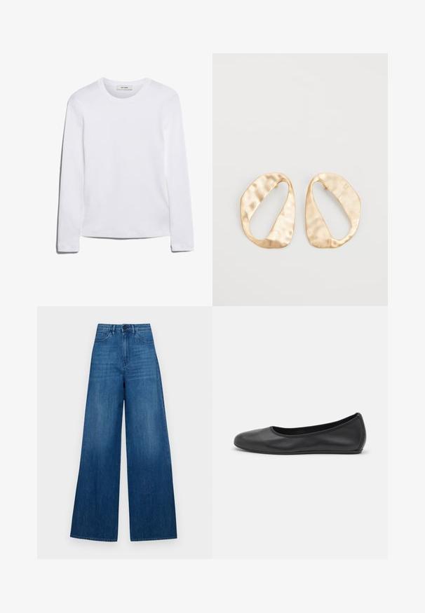 Camiseta de manga larga blanca hecha de algodón acanalado, con un cuello redondo y un dobladillo recto. Diseño simple sin patrones ni acentos.; Jeans de mezclilla azul de pierna ancha con cintura alta, diseño de cinco bolsillos, acabado limpio y sutil desvanecimiento. Sin marcas ni adornos visibles.; Bailarina de piel negra con punta redondeada, textura suave, detalle de costura minimalista y diseño de suela flexible.; Un par de pendientes de metal dorado en forma de óvalo irregular con una superficie texturizada y ligeramente martillada sobre un fondo blanco.