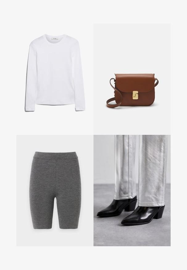 Tricou alb cu mânecă lungă, din bumbac cu dungi, având decolteu rotund și tiv drept. Design simplu, fără modele sau accente.; Shorts de ciclism tricotate gri, cu un design ajustat și o textură netedă, având un talie înaltă și o lungime până la mijlocul coapsei.; Cizme negre din piele cu guler până la gleznă, având vârf ascuțit și toc bloc, asortate cu pantaloni argintii strălucitori, evidențiind texturi elegante și culori contrastante.; Geantă de piele maro cu închidere tip capac, accesorii de culoare aurie, curea de umăr și o textură netedă. Formă compactă și rectangulară.