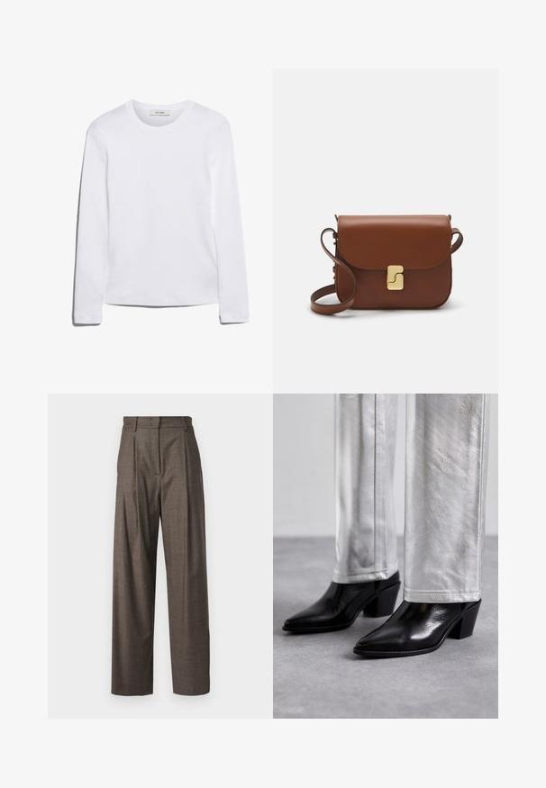 Long-sleeve white T-shirt made of ribbed cotton, featuring a round neckline and a straight hem. Simple design with no patterns or accents.; Brown checkered trousers made from a textured fabric, featuring a high waist, pleats, and wide leg design.; Black leather ankle boots with a pointed toe and block heel, paired with shiny silver pants, showcasing sleek textures and contrasting colors.; Brown leather handbag with a flap closure, gold-tone hardware, a shoulder strap, and a smooth texture. Compact rectangular shape.