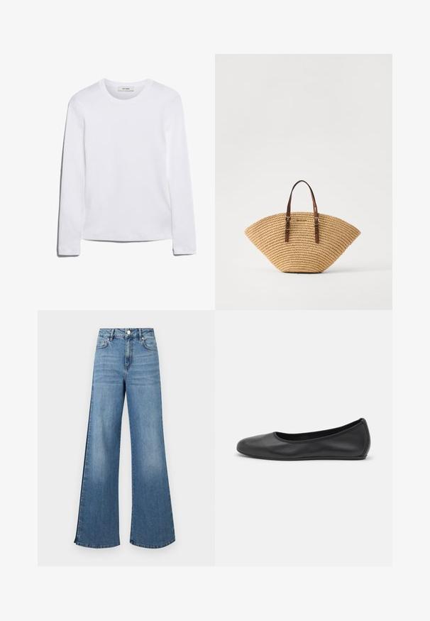 Pikkade varrukatega valge T-särk, mis on valmistatud ribakujulisest puuvillast, ümmarguse kaeluse ja sirge hemiga. Lihtne disain ilma mustrite või aktsentideta.; Laiad sinised teksapüksid, millel on kulunud viimistlus, klassikalise viie-tasku disain ja metallne nööp sulgemiseks vööl.; Musthave mustika tantsutossud mustast nahast, ümmarguse varbaga, siledast tekstuurist, minimaalse õmblusdetailiga ja paindliku tallakujundusega.; Päevalillekujulise õlgkoti pruunid nahk käepidemed ja struktureeritud kootud pind. Loomulik tan värv, millel on sile pind ja minimaalsed dekoratiivsed detailid.