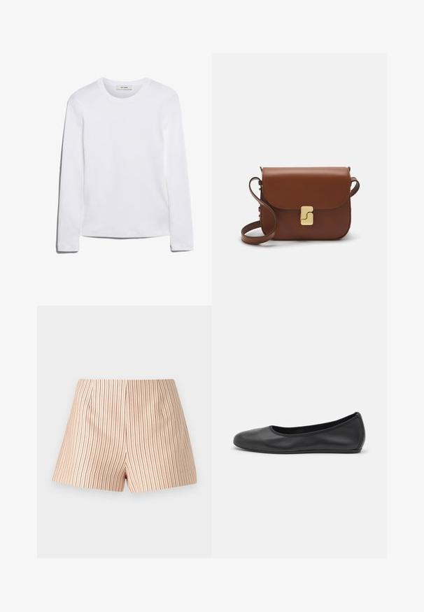 Bieza piedurkņu balta T-krekls, izgatavots no ribota kokvilnas, ar apaļu kakla izgriezumu un taisnu apakšmalu. Vienkāršs dizains bez rakstiem vai akcentiem.; Svītrainas šorti gaismā bēšā audumā ar tām sarkanām vertikālām līnijām. Ievērojamā priekšpuse ar minimālām krokām un taisnu griezumu.; Melna ādas baleta kurpe ar noapaļotu purngalu, gludu tekstūru, minimālu šuvju detalizāciju un elastīgu zoles dizainu.; Bordo ādas rokas soma ar atloku, zeltītām detaļām, plecu siksnu un gludu virsmu. Kompakta, taisnstūrveida forma.