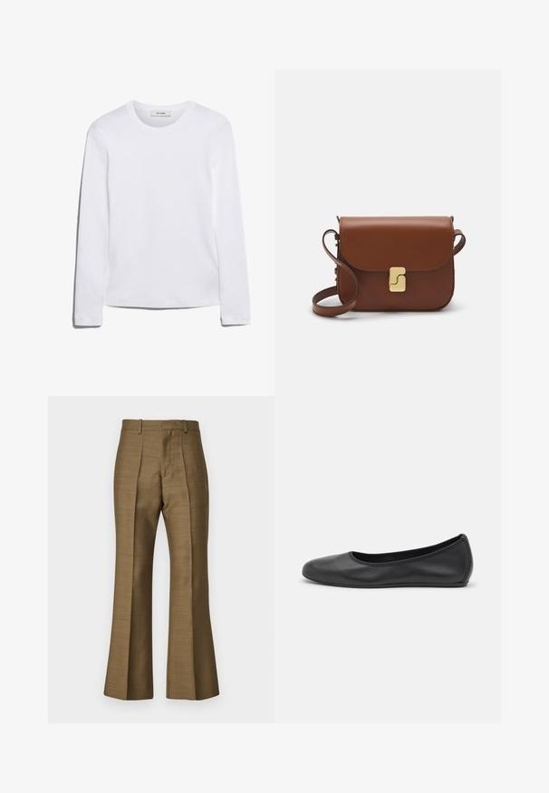 Biała koszulka z długim rękawem wykonana z prążkowanej bawełny, z okrągłym dekoltem i prostym dołem. Prosty design bez wzorów i akcentów.; Brązowe spodnie w stylu dzwonów z gładkiego materiału, z przodu plisowane, z dopasowanym pasem i subtelnym połyskiem. Bez widocznych elementów metalowych ani wzorów.; Czarne skórzane baletki z zaokrąglonym noskiem, gładką fakturą, minimalnymi przeszyciami i elastycznym designem podeszwy.; Brązowa skórzana torebka na ramię z klapką, złotymi detalami, paskiem na ramię i gładką teksturą. Kompaktowy prostokątny kształt.