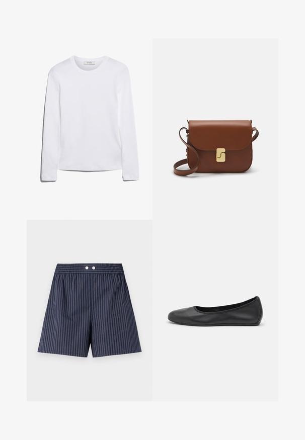 Tricou alb cu mânecă lungă, din bumbac cu dungi, având decolteu rotund și tiv drept. Design simplu, fără modele sau accente.; Pantaloni scurți în dungi bleumarin, cu talie elastică, având două nasturi albi în față, confecționați dintr-o țesătură ușoară.; Balerini din piele neagră, cu vârf rotund, textură netedă, detalii de cusătură minimale și un design al tălpii flexibil.; Geantă de piele maro cu închidere tip capac, accesorii de culoare aurie, curea de umăr și o textură netedă. Formă compactă și rectangulară.