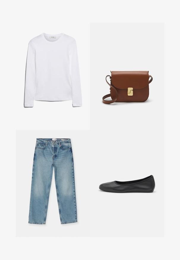 T-shirt blanc à manches longues en coton côtelé, avec un col rond et un ourlet droit. Design simple sans motifs ni accents.; Jean droit bleu clair avec une finition délavée, comportant cinq poches, des passants de ceinture et une fermeture à glissière. Matériau en denim de coton.; Ballerines en cuir noir avec un bout rond, texture lisse, détails de couture minimalistes et design de semelle flexible.; Sac à main en cuir marron avec une fermeture à rabat, des accents en métal doré, une bandoulière et une texture lisse. Forme rectangulaire compacte.