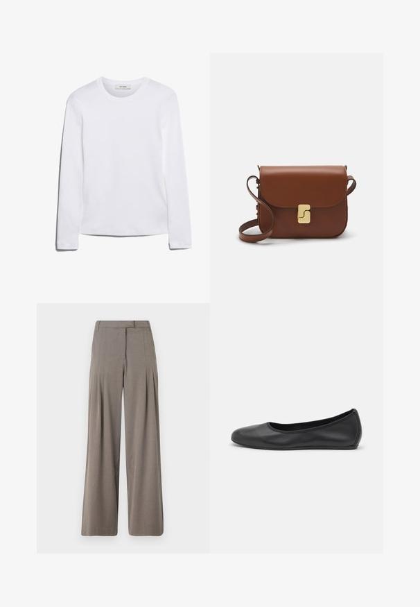 Wit T-shirt met lange mouwen, gemaakt van ribgebreide katoen, met een ronde halslijn en een rechte zoom. Eenvoudig ontwerp zonder patronen of accenten.; Wijd uitgesneden broek in lichtbruine stof, met plooien, een vlakke taille en een nette zoom. Soepele textuur met een subtiele glans.; Zwarte leren ballerina met een ronde neus, gladde textuur, minimale stikdetails en een flexibele zoolontwerp.; Bruine leren handtas met een klep sluiting, gouden hardware, een schouderband en een gladde textuur. Compact rechthoekige vorm.