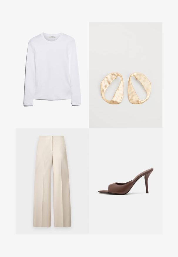 Bieza piedurkņu balta T-krekls, izgatavots no ribota kokvilnas, ar apaļu kakla izgriezumu un taisnu apakšmalu. Vienkāršs dizains bez rakstiem vai akcentiem.; Bēgu platās bikses ar augstu jostasvietu, ar priekšējām krokām un gludu faktūru. Vienkāršs dizains bez redzamām detaļām vai rakstiem.; Brūni ādas atvērtas pirksta augstpapēžu čības ar elegantu dizainu, kas iezīmējas ar plašu priekšējo siksniņu un slaidu stiletto papēdi.; Pāris neregulāras ovālas formas zelta toņos metāla auskaru ar teksturētu, nedaudz sitētu virsmu uz baltas fona.