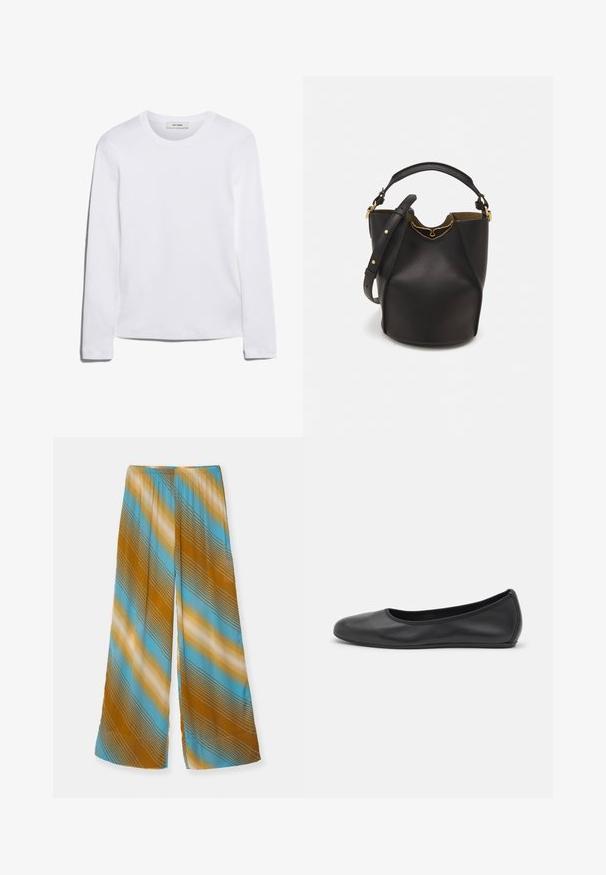 Bílé tričko s dlouhým rukávem vyrobené z žebrované bavlny, s kulatým výstřihem a rovnými lemy. Jednoduchý design bez vzorů nebo akcentů.; Kalhoty s širokým střihem, které mají multikolor vzor v pruhách hnědé, světle modré a krémové barvy. Vyrobeny z lehkého materiálu s elastickým pasem.; Černé kožené baletní byty s kulatou špičkou, hladkou texturou, minimálními švy a flexibilním designem podrážky.; Černá kožená kabelka ve tvaru vědra s texturovaným povrchem, zlatými kovovými akcenty a otevřeným vrchem. Obsahuje krátkou rukojeť a nastavitelný ramenní popruh.