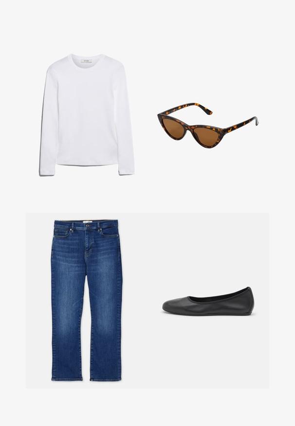 Langermet hvit T-skjorte laget av ribbet bomull, med rund halslinning og rett kant. Enkel design uten mønstre eller aksenter.; Blå denim jeans med rett snitt, med fem lommer, knappelukking og subtil bleking på beina. Overlock-sømmer og falden.; Svart skinnballettflatt med rund tå, glatt tekstur, minimal sømdetalj, og et fleksibelt såledesign.; Kattøye solbriller med en svart og oransje skjellramme, brune linser og elegante, spisse tupper. Har en minimalistisk logo på stangen.