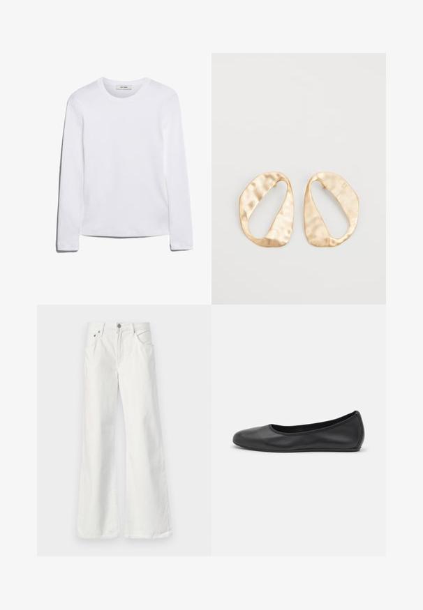 Long-sleeve white T-shirt made of ribbed cotton, featuring a round neckline and a straight hem. Simple design with no patterns or accents.; White denim flared jeans with a high waist, five-pocket design, and visible stitching. Features metal button and zipper closure.; Black leather ballet flat with a rounded toe, smooth texture, minimal stitching detail, and a flexible sole design.; Pair of irregular oval-shaped gold-toned metal earrings with a textured, slightly hammered surface on a white background.