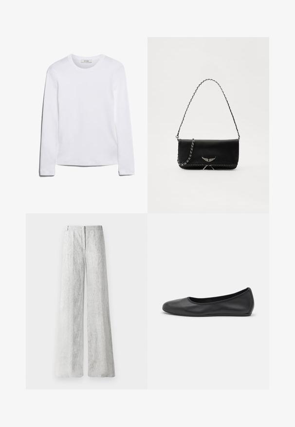Long-sleeve white T-shirt made of ribbed cotton, featuring a round neckline and a straight hem. Simple design with no patterns or accents.; Light grey, wide-leg trousers made from a textured fabric with subtle vertical lines. Features a front zip closure and belt loops.; Black leather ballet flat with a rounded toe, smooth texture, minimal stitching detail, and a flexible sole design.; Black leather handbag with a silver chain strap, featuring decorative wing accents and white stitching along the bottom seam.
