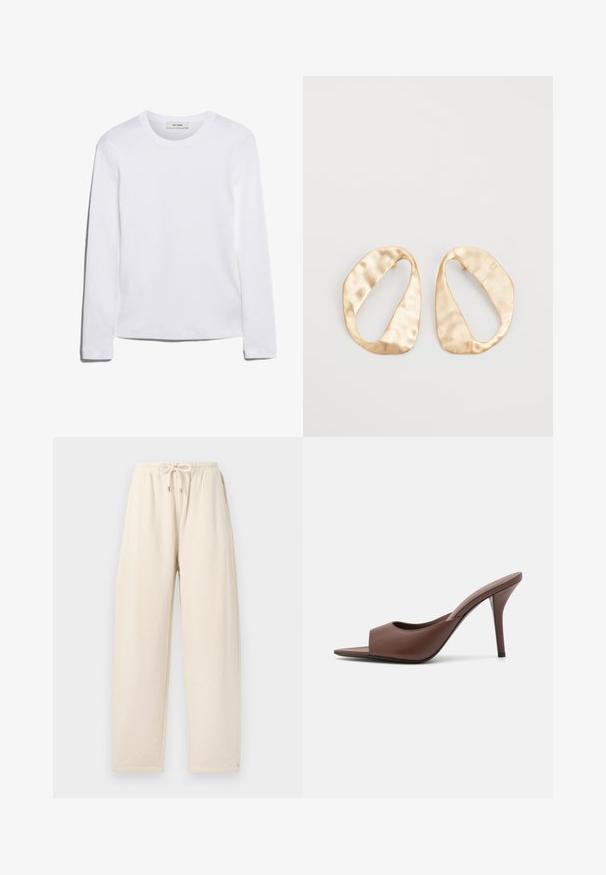 Biała koszulka z długim rękawem wykonana z prążkowanej bawełny, z okrągłym dekoltem i prostym dołem. Prosty design bez wzorów i akcentów.; Beżowe dresy uszyte z miękkiego materiału, z elastycznym paskiem w talii, luźnym krojem i bocznymi kieszeniami.; Brązowe skórzane klapki na wysokim obcasie z odkrytymi palcami o eleganckim wzornictwie, z szerokim przednim paskiem i smukłym obcasem typu stiletto.; Para nieregularnych, owalnych kolczyków ze złotego metalu o teksturowanej, lekko młotkowanej powierzchni na białym tle.