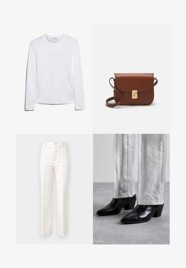 T-shirt blanc à manches longues en coton côtelé, avec un col rond et un ourlet droit. Design simple sans motifs ni accents.; Pantalon droit blanc en mélange de coton, avec une texture lisse, deux plis avant et une taille avec fermeture à bouton unique.; Bottes noires en cuir à talon carré et bout pointu, associées à un pantalon argenté brillant, mettant en valeur des textures épurées et des couleurs contrastées.; Sac à main en cuir marron avec une fermeture à rabat, des accents en métal doré, une bandoulière et une texture lisse. Forme rectangulaire compacte.