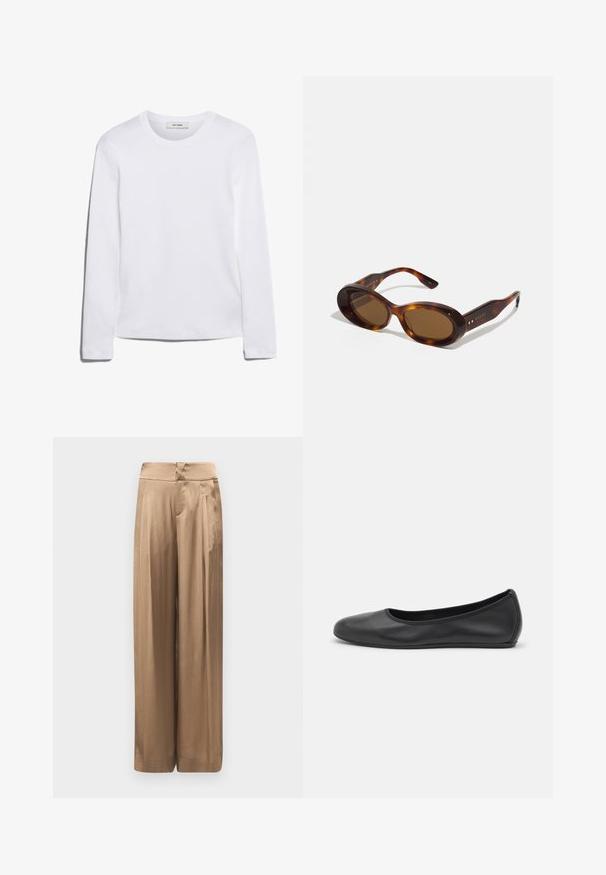 Hosszú ujjú fehér póló bordázott pamutból, kerek nyakkivágással és egyenes szegéllyel. Egyszerű dizájn, minta vagy díszítések nélkül.; Fémes bronz színű, bő szárú nadrág. Simább textúrájú, magas derekú, és elöl redőkkel van ellátva a forma hangsúlyozásához.; Fekete bőr balettcipő lekerekített orral, sima tekstúrával, minimális varrással és rugalmas talp kialakítással.; Tarka mamuszok, ovális lencsékkel, barna árnyalatban, arany díszítéssel a szárakon. Vastag keret, fényes felülettel és sima textúrával.