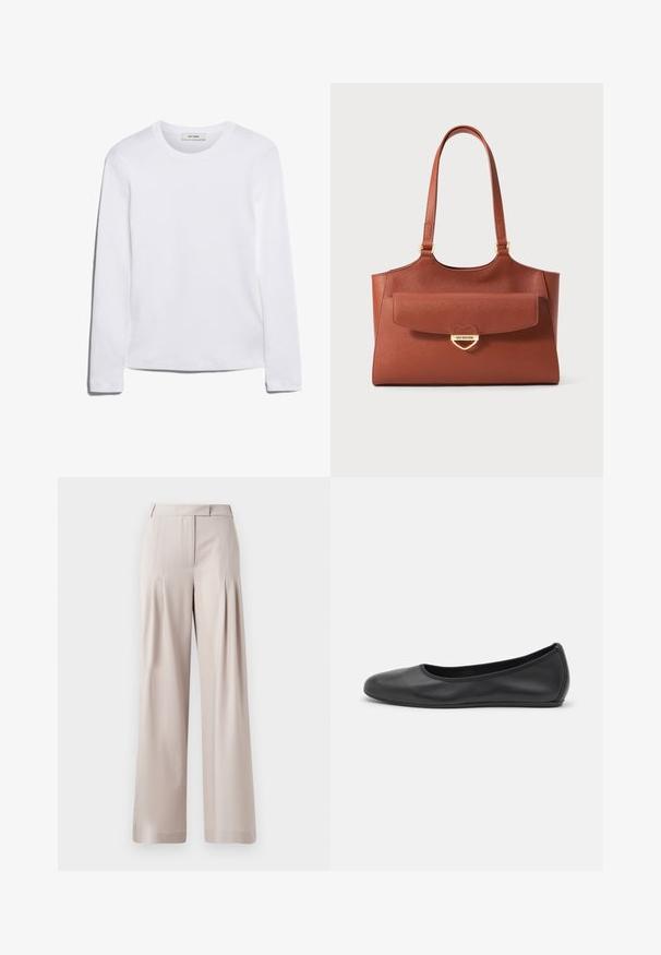 Long-sleeve white T-shirt made of ribbed cotton, featuring a round neckline and a straight hem. Simple design with no patterns or accents.; Beige wide-leg trousers featuring a smooth texture, pleated front design, and a tailored waistband. Suitable for formal or casual wear.; Black leather ballet flat with a rounded toe, smooth texture, minimal stitching detail, and a flexible sole design.; Brown leather tote bag with long handles, front flap pocket, and gold heart-shaped clasp engraved with "Love Moschino."