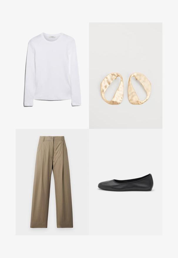 Bílé tričko s dlouhým rukávem vyrobené z žebrované bavlny, s kulatým výstřihem a rovnými lemy. Jednoduchý design bez vzorů nebo akcentů.; Khaki široké kalhoty vyrobené z bavlněné směsi, vybavené zapínáním na knoflík, bočními kapsami a hladkým povrchem s jemným leskem.; Černé kožené baletní byty s kulatou špičkou, hladkou texturou, minimálními švy a flexibilním designem podrážky.; Pár nepravidelných oválných náušnic z kovu pozlaceného zlatem s texturovaným, mírně kladivkovým povrchem na bílém pozadí.