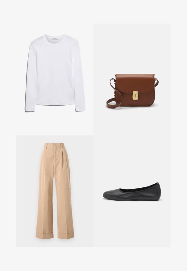 Hosszú ujjú fehér póló bordázott pamutból, kerek nyakkivágással és egyenes szegéllyel. Egyszerű dizájn, minta vagy díszítések nélkül.; Beige széles szárú nadrág magas derékkal, plissékkel és sima textúrával. Az alsó szegélyek hajtva vannak, ami strukturált részletet ad.; Fekete bőr balettcipő lekerekített orral, sima tekstúrával, minimális varrással és rugalmas talp kialakítással.; Barna bőr kézitáska, hajtókás zárással, arany színű fém kiegészítőkkel, vállpánttal és sima felülettel. Kompakt téglalap alakú.