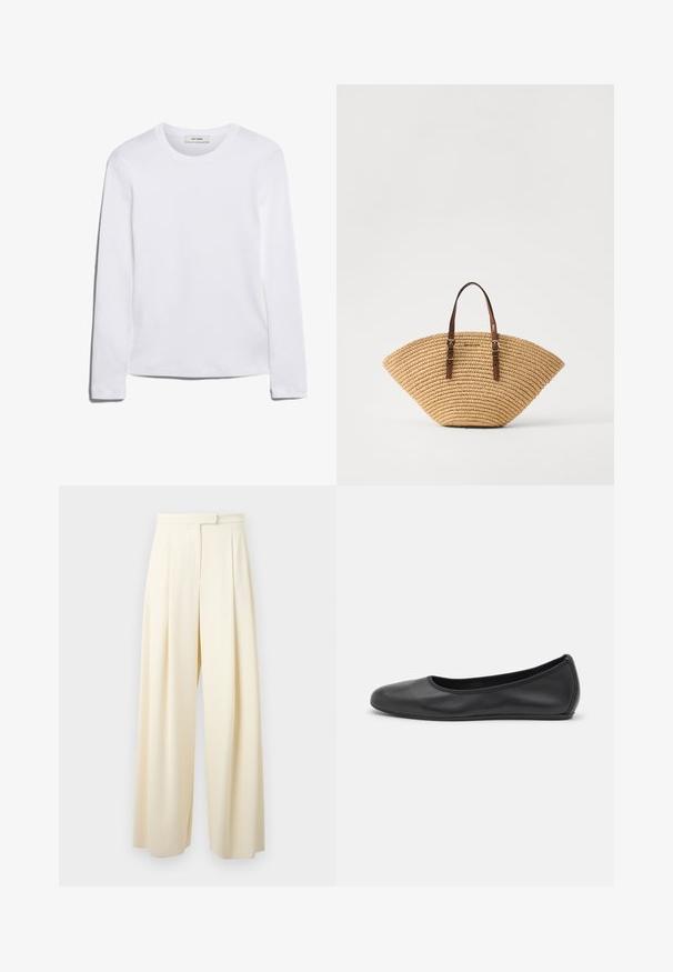 Hosszú ujjú fehér póló bordázott pamutból, kerek nyakkivágással és egyenes szegéllyel. Egyszerű dizájn, minta vagy díszítések nélkül.; Széles szárú nadrág világos krémszínben, lapos elülső résszel, pliszékkal és sima szövet struktúrával. Nincs látható fémrész vagy díszítés.; Fekete bőr balettcipő lekerekített orral, sima tekstúrával, minimális varrással és rugalmas talp kialakítással.; Szalmaszatyor, amely fan alakú, barna bőr fogantyúkkal és textúrált szövettel. Természetes barna színben, sima felülettel és minimális díszítéssel.