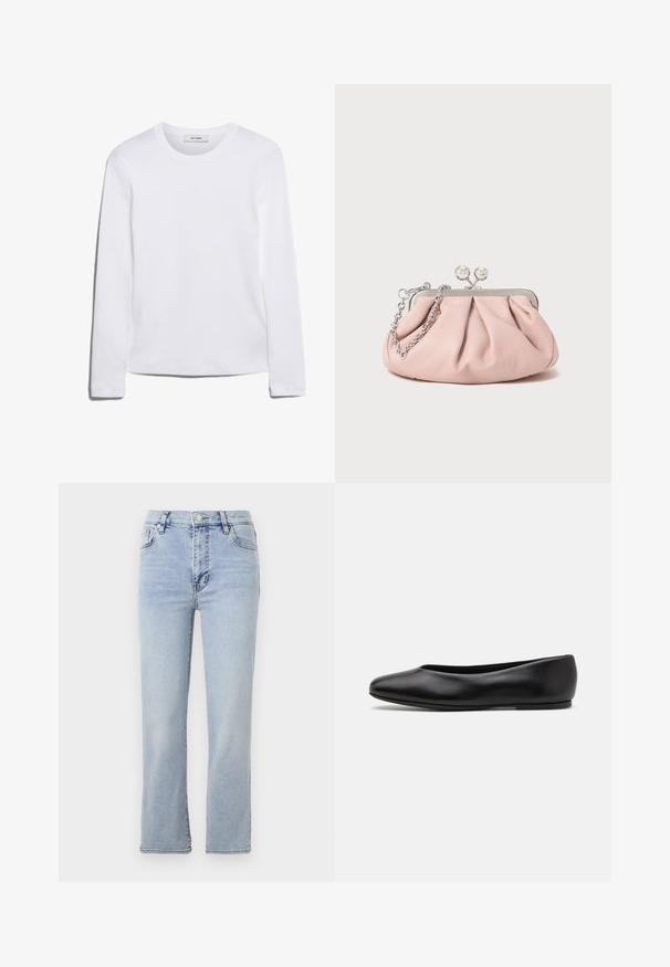 Bílé tričko s dlouhým rukávem vyrobené z žebrované bavlny, s kulatým výstřihem a rovnými lemy. Jednoduchý design bez vzorů nebo akcentů.; Světle modré džíny s rovnou nohavicí, pěti kapsami, zapínáním na knoflík a zip a viditelnými švy.; Paul Smith TOPANGA - Klasické baleríny - black; Růžová kožená kabelka na ruku s nařaseným designem, kovovým rámem, dvěma kulatými sponami a stříbrným řetízkem. Hladká textura, kompaktní tvar.