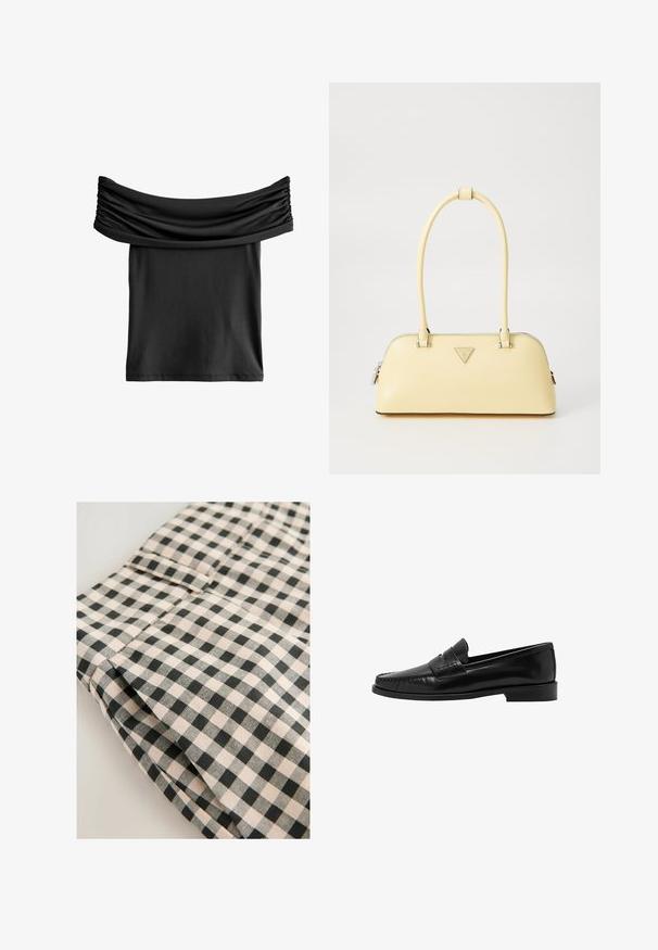 Haut noir hors épaules avec un tissu froncé au niveau de l'encolure, fabriqué dans un matériau léger et lisse. Coupe courte et décontractée.; Tissu à carreaux noir et beige avec une texture lisse. Le détail montre une section pliée avec une poche et des finitions nettes.; Mango Chaussons - black; Sac à main en cuir verni jaune, de forme arrondie, avec une seule poignée supérieure et une plaque logo en argent. Il dispose d'une fermeture à glissière et d'une texture lisse.