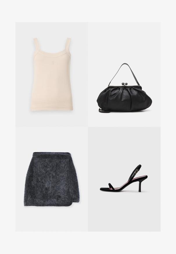 Beez ribastank, millel on õhukesed rihmad ja ümar kaelus. Ees on õmmeldud logo. Sile tekstuur, keha lähedane disain.; Kareda tumehall skirt pehmea tekstuuriga, veidi laienev disain ja kaardus serv. Kangas näeb välja soe ja mugav.; Mustmust naiste kõrge kontsaga sandaalid mustast nahast kitsaste rihmadega ja kullavärvi pandlaga valgel taustal, külgvaade.; Must mustrida nahk-kott ümmarguse, kortsunud disainiga. Varustatud metallist klambriga, millel on kaks dekoratiivset palli ja õhuke, eemaldatav rihm.