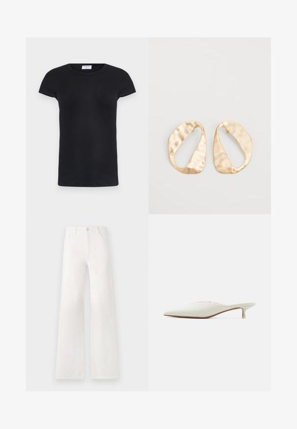 T-shirt nera a costine con collo rotondo e maniche corte. Tessuto morbido con una vestibilità aderente, con etichetta sul collo.; Jeans bianchi a vita alta e gamba larga realizzati in denim. Presentano una chiusura con bottone, due tasche anteriori e cuciture decorative nei lati.; Mule con punta affusolata in tessuto bianco sporco. Presenta un tacco basso e un delicato dettaglio di cucitura lungo la parte superiore. Texture liscia, design minimal.; Un paio di orecchini in metallo di tonalità dorata, di forma ovale irregolare, con superficie texturizzata e leggermente martellata, su uno sfondo bianco.