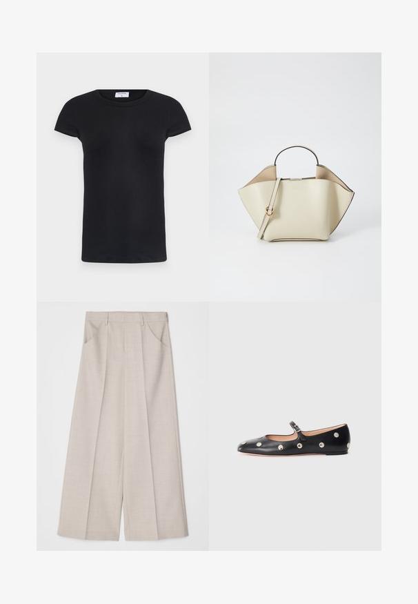 Črna rebrasta majica s kratkimi rokavi in okroglo ovratnikom. Mehka tkanina s prilegnjenim krojem, ki ima etiketo na vratu.; Bež hlače širokega kroja z teksturirano tkanino, z naborki spredaj in dvema stranskima žepoma. Imajo raven pas in ohlapen kroj.; Črne usnjene Mary Jane balerinke z zaobljenim noskom, opremljene z zlatimi krožnimi mošnjo in nastavljivim trakom z zaponko.; Ree Projects ANN - Torbica - beige