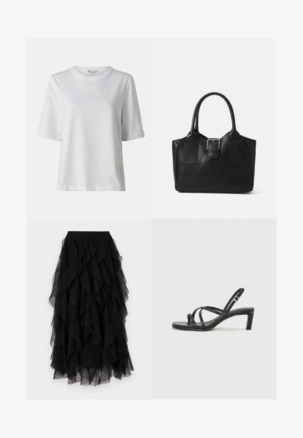 Bela kratka majica s kratkimi rokavi in okroglim izrezom. Narejena iz mehkega blaga, s sproščenim krojem in diskretnimi detajli v šivu.; Črna tila krila z večplastnimi volančki, mehko teksturo in subtilnimi bleščicami. Elastičen pas za udoben fit.; Črne natikače s trakovi in kvadratnim prstom ter nizkim blokastim peto. Imajo več tankih trakov in nastavljiv trak okoli gležnja. Narejene so iz gladkega usnja.; Črna usnjena torba s gladko teksturo, strukturirano obliko, dvema ročkama in izrazitim srebrnim sponko na sprednji strani.; Srebrn dvojni prstan z gladko, polirano površino. Ima tekoč, ukrivljen dizajn z prekrivajočimi se sekcijami za sodoben videz.