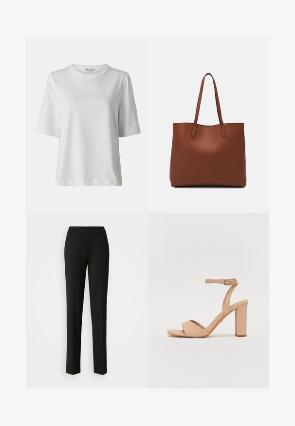 Fehér, rövid ujjú póló, kerek nyakkivágással. Puha anyagból készült, laza fazonú és visszafogott varrási részletekkel.; Fekete, egyenes szárú nadrág, rugalmas derékkal. Texturált anyagból készült, látható minták vagy fémrészek nélkül. Tiszta, minimalista dizájn.; Bej színű, magas sarkú szandál bokapánttal, nyitott orral, sima bőrből készült, és tömbsarkú kialakítással.; Barna bőr vászontáska sima textúrával, nyitott tetejű dizájnnal és két vállpánttal. Minimális varrással és látható hardver nélkül készült.