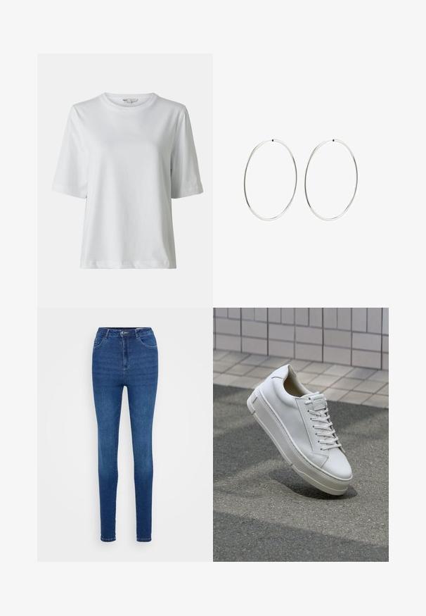 Balta trumpomis rankovėmis marškinėlė su apvaliu kaklu. Pagaminta iš švelnaus audinio, turi laisvą kirpimą ir subtilius siuvimo akcentus.; Mėlyni džinsai su siauru siluetu, aukštu juosmeniu, diržo kilpomis ir dviem priekinėmis kišenėmis. Lygi tekstūra ir klasikinis penkių kišenių dizainas.; Balti odiniai sportbačiai su žemu dizainu, plokščiais raišteliais, apvaliu pirštu ir tekstūruotomis šoninėmis dalimis. Storas guminis padas su subtiliais akcentais.; Sidabriniai auskarai-žiedai su lygiu, apvaliu dizainu ir blizgiu paviršiumi. Jie yra ploni ir lengvi, turintys paprastą užsegimą.