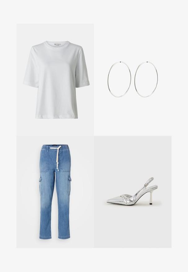 Bijela majica kratkih rukava s okruglim izrezom. Izrađena od mekog materijala, ima opuštenu siluetu i suptilne detalje šivanja.; Svijetloplave traper cargo hlače s elastičnim pojasom, vezicom, bočnim džepovima i zakrpanim džepovima na butinama.; Srebrna slingback salonska cipela s oštrim prstom, metalik završnom obradom, dva dekorativna remena i vitkim potplatom s crnim vrhom.; Srebrne naušnice od obruča s glatkim, okruglim dizajnom i poliranim završetkom. Tanak su i lagani, s jednostavnim zatvaranjem.